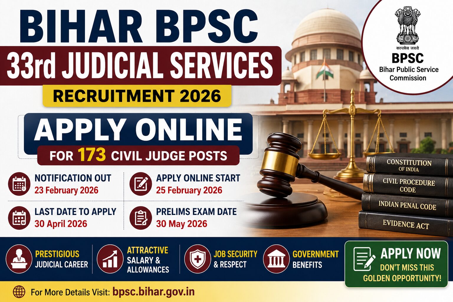 Bihar BPSC 33rd Judicial Services Recruitment 2026 Apply Online for 173 Civil Judge Posts